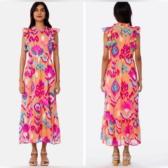 BANJANAN Anthropologie Ruffle Sleeveless Pink & Orange Boho Ikat Maxi Dress